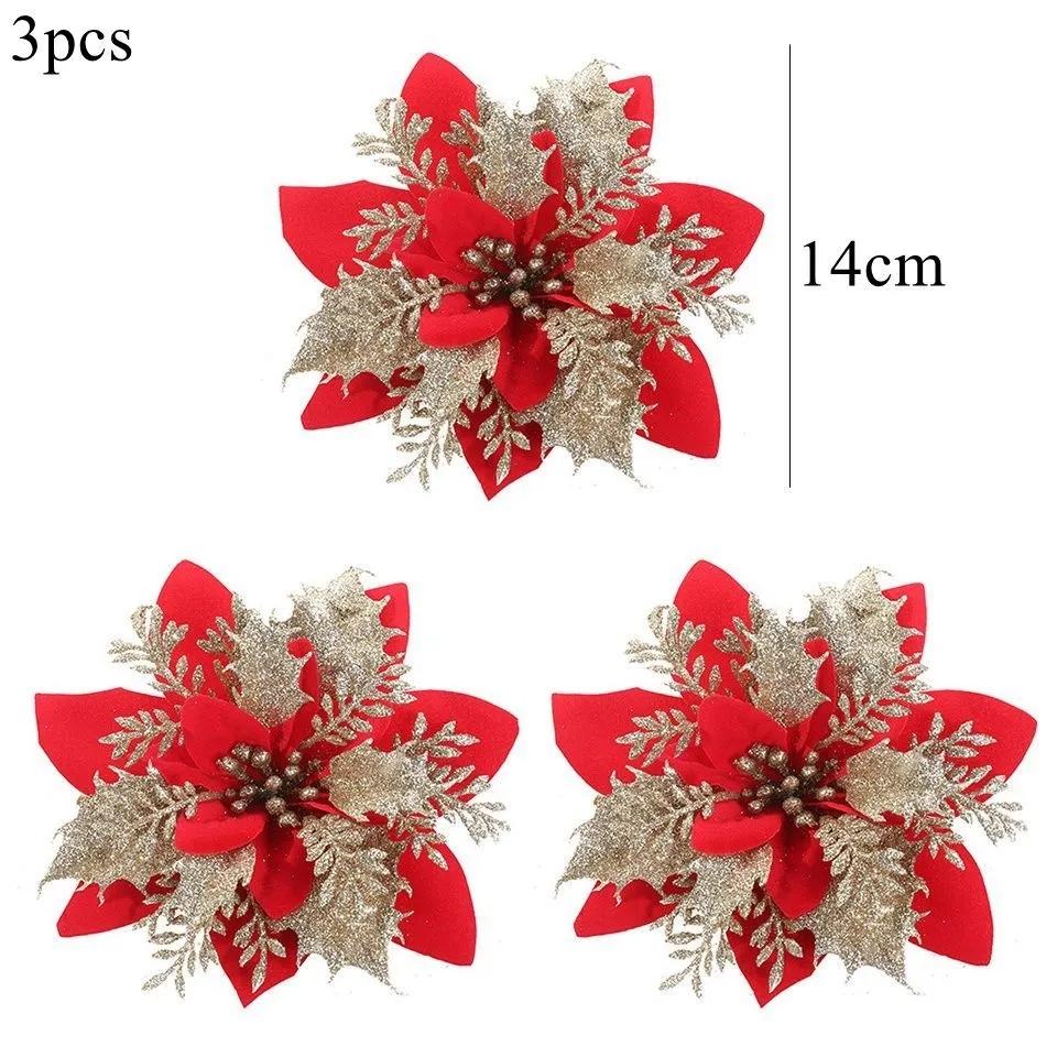 10/50pcs Artificial Glitter Christmas Flowers for Xmas Tree Ornament Fake Flower Floral New Year Party Home Decoratio