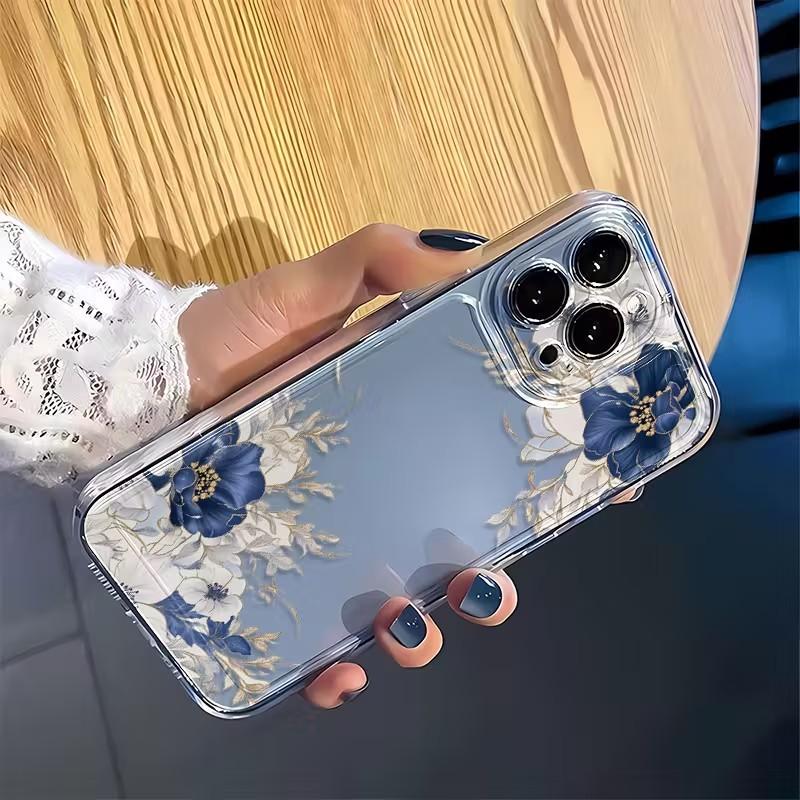 Przezroczyste Etui na Telefon z Wzorem Niebieskich i Białych Kwiatów Dla iPhone 17 16 15 14 Pro Max 13 12 11 XS X XR 7 8 Plus 16e 17Air Miękki Pokrowiec TPU
