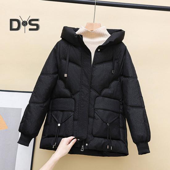 Winter Down Coat Thickened Padded Hooded Pockets Zipper Closure with Drawstring And Pockets Windproof Heat Retention Daily Cold Weather Outwear