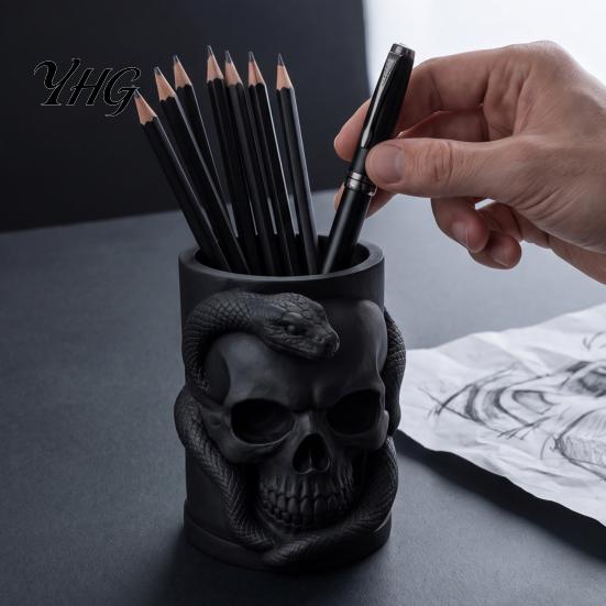 3D Printed Ornament Skull & Snake Pen Holder, Gothic Pencil Collectible Figurine Desk Organizer for Makeup Brush Stationery Storage, Halloween