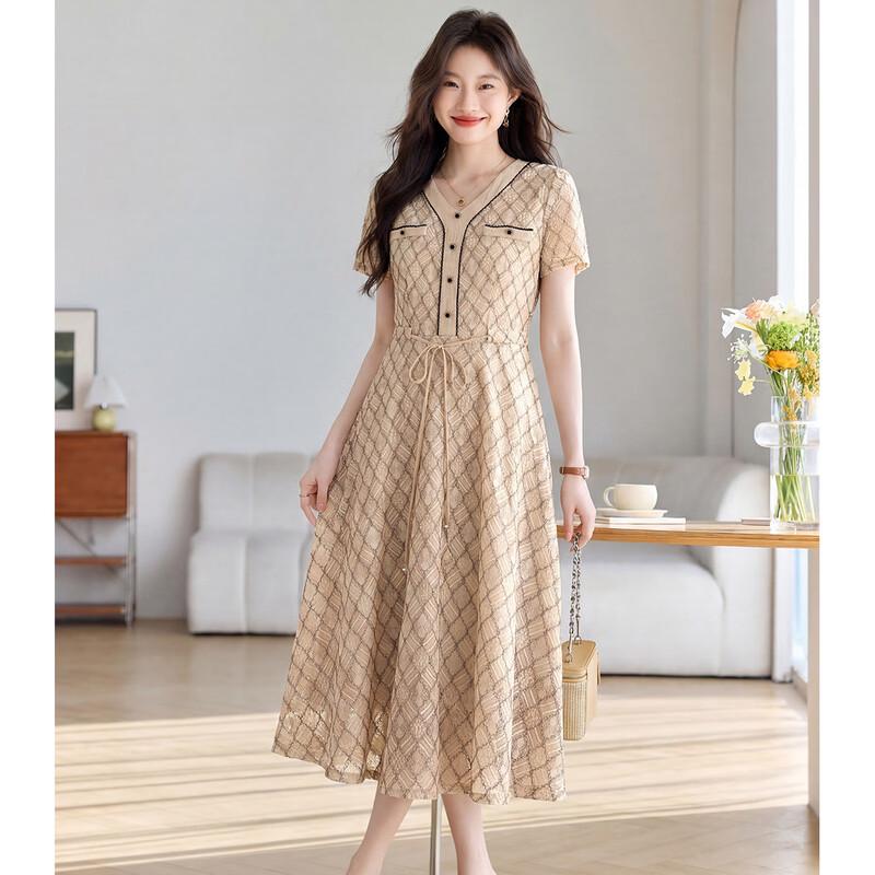 Sanpowa V-Neck Knitted Color Block Plaid Midi Dress L