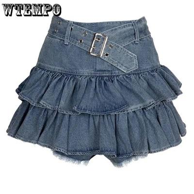 Dubbele ruche hoge taille denim rok korte vrouwen anti-reflectie dunne A-lijn cake rok Y2K mode zoete sexy lente en zomer