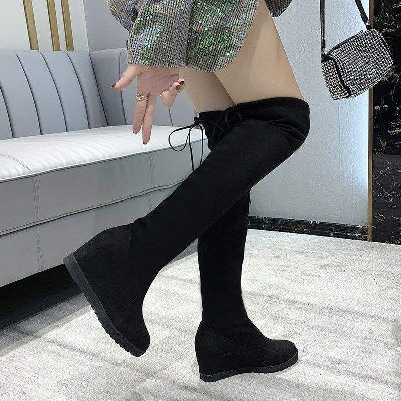 Boots Women's inner knee height increase 2025 autumn and winter new flat-bottomed boots Skinny elastic cloth boots Fleece boots