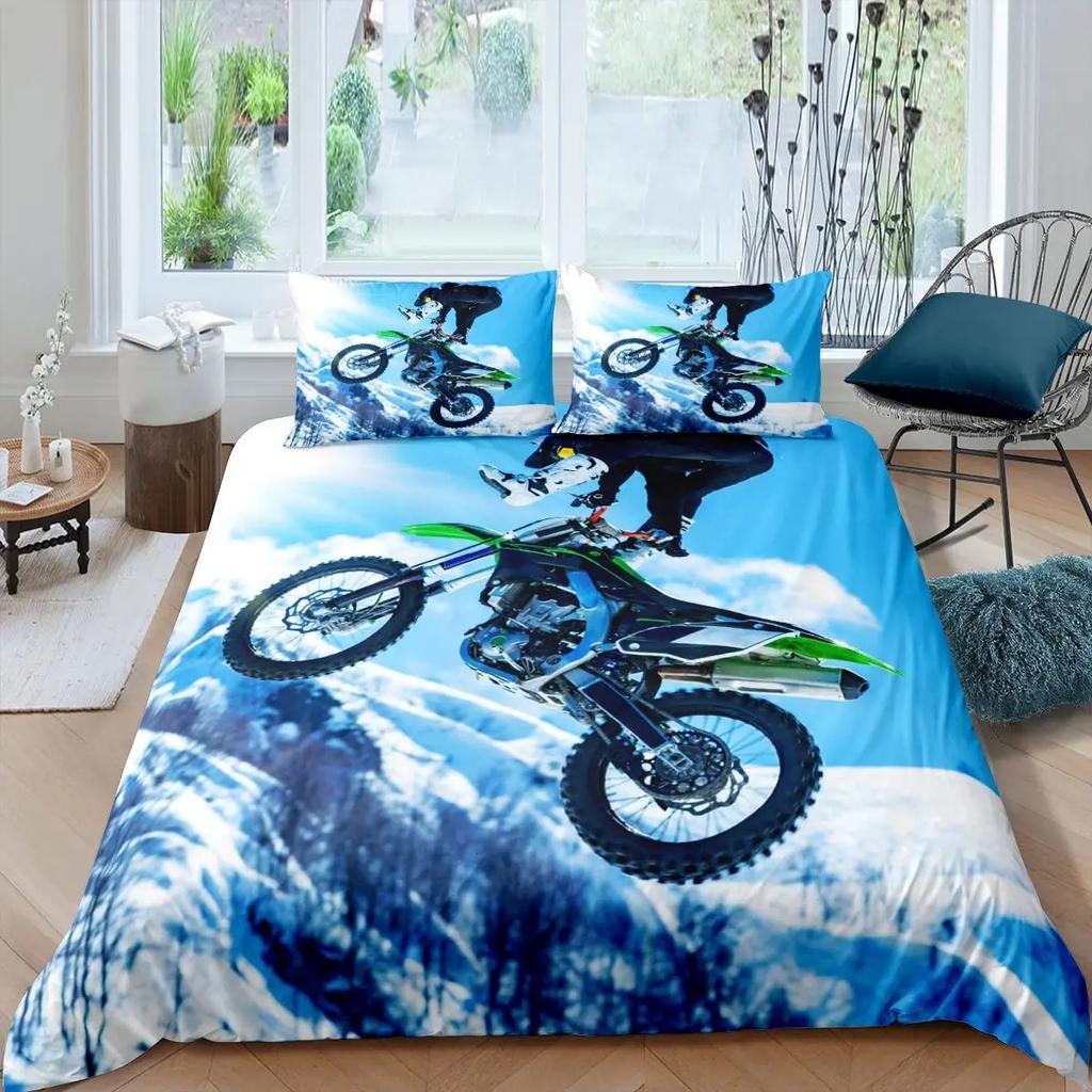 Motorsykkel Dynetrekksett Dobbel Størrelse Motocross Kjører Sengetøy Racing Motorsykkel Dirt Bike Ekstremsport Polyester Dyne Trekk