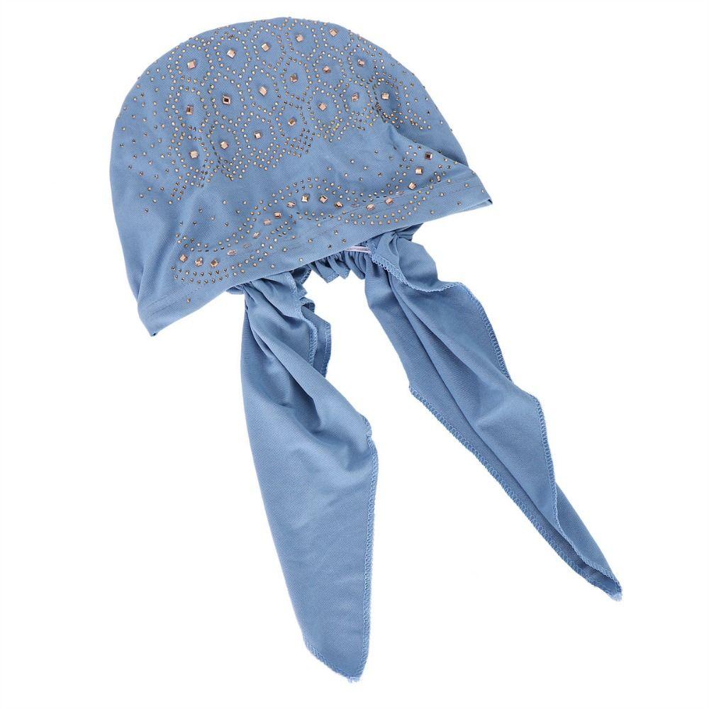 Solid Color Muslim Headscarf Hat Soft Elastic Rhinestone Hijab Caps Casual Wear