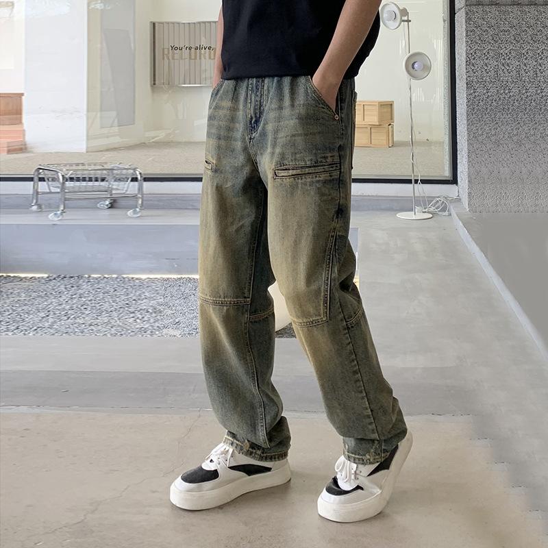 American Retro Jeans High Street New Men's Clothing Washed and Old Floor-mopping Pants Loose Casual Tooling Straight Pants