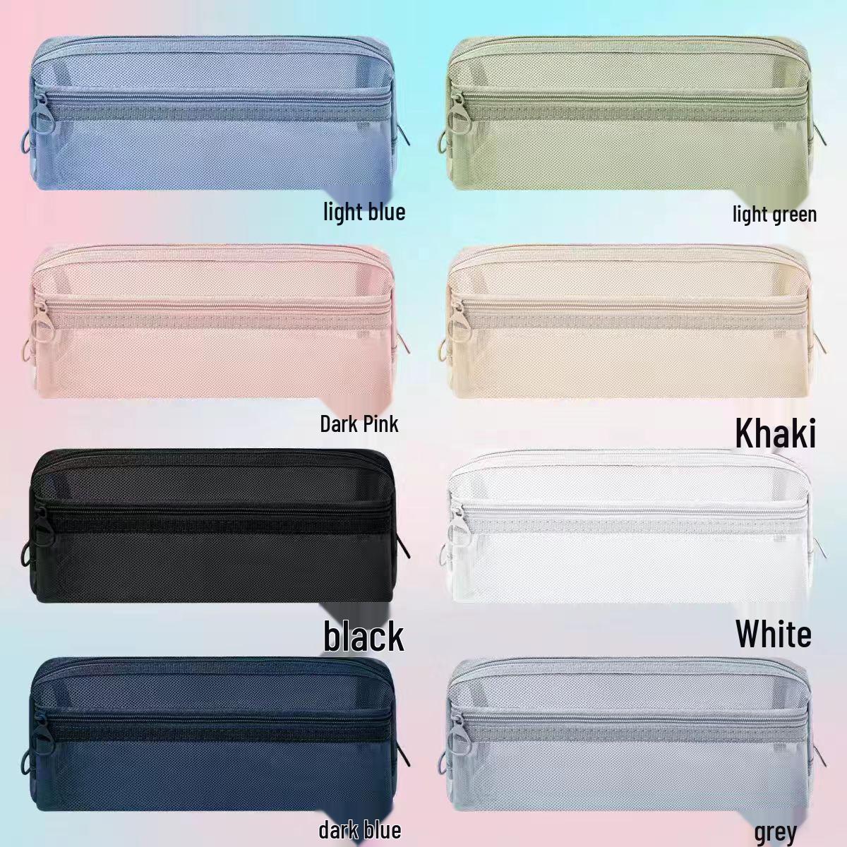 Large Capacity Transparent Mesh Double-Layer Student Pencil Case with Nylon Stationery Storage