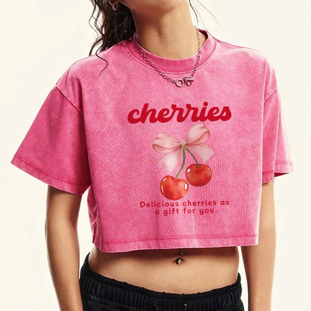 Cherries Bow Cartoon Prints Crop Tee Shirt Women Washed Casual T Shirts Cotton Top Summer Hip Hop Female Short Sleeve