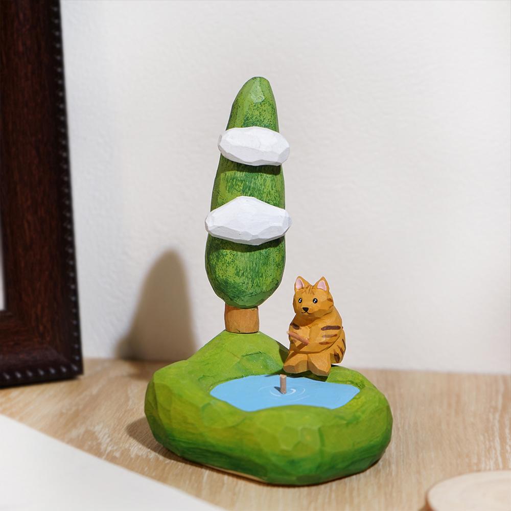 Hand Carved Wooden Pond Cat Decoration Funny Handmade Animal Figure Handmade Carving kitten Ornament Birthday Gift Christmas