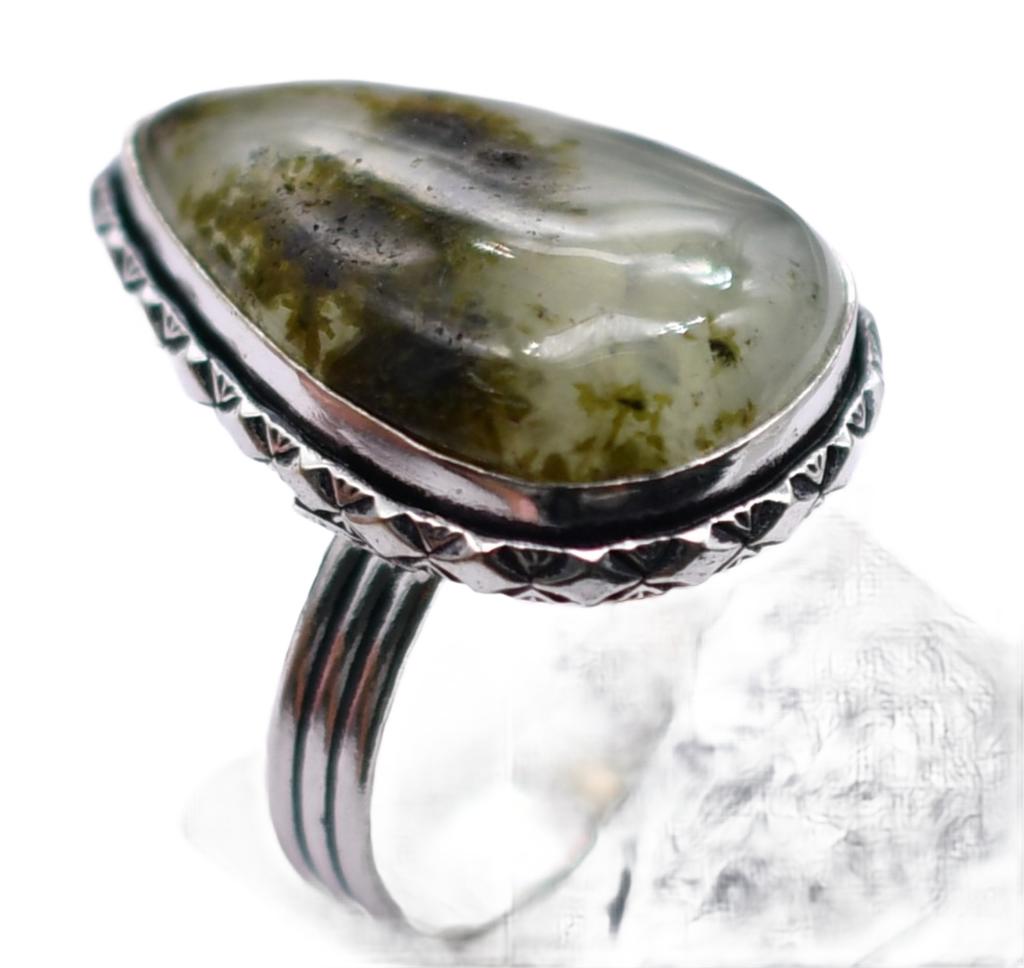 Prehnite Natural Gemstone Antique Silver Plated Ring US Size-8.5 R 5221