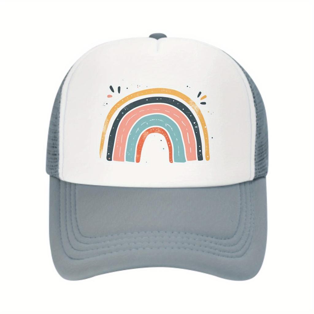 Rainbow Graphic Trucker Hat Pink Mesh Back Adjustable Baseball Cap Breathable Summer Outdoor Sports Cap