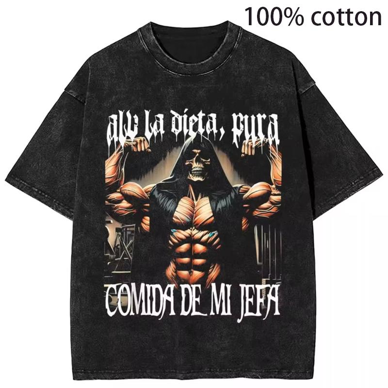 AAAH CULEROS ESO NO ERA CREATINA Funny Skeleton Gym Washed T-Shirt Humorous Skull Vintage Tee Fitness Exercise Halloween costume