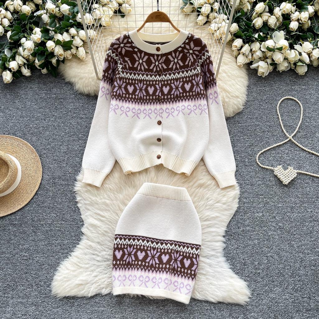 Autumn Winter Women Vintage Jacquard Knitted Sweater Two Piece Set Single Breasted Cardigans Tops and Mini Short Sheath Skirt Suit