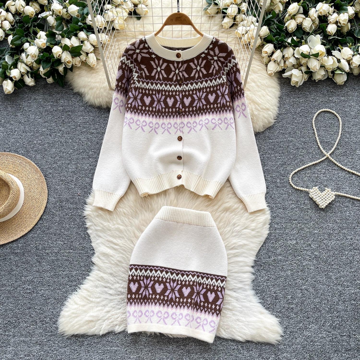 

Осень Зима Женский Винтажный Жаккардовый Вязаный Свитер Комплект из Двух Предметов Однобортные Кардиганы Топы и Мини Короткая Юбка-Футляр Костюм One Size абрикосовый