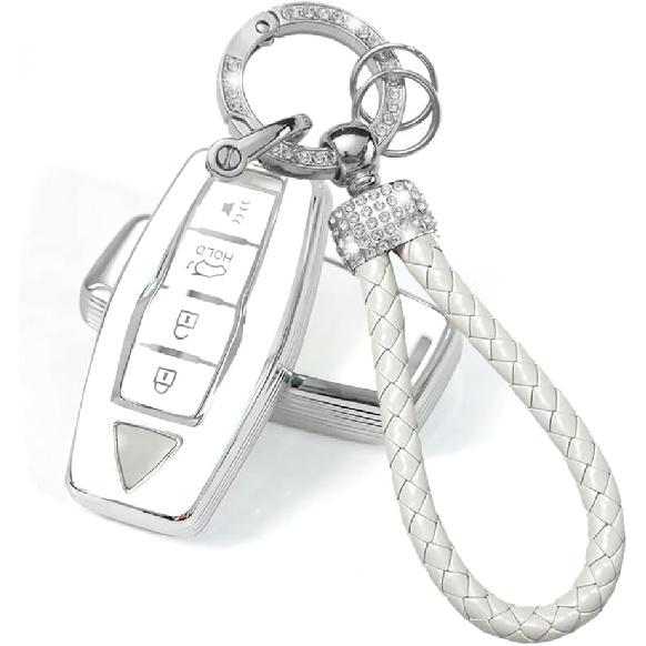 Car Key Fob Cover Compatible with Mitsubishi Outlander 2025 2024 2023 2022 Case TPU Protector Cover Keychain 4 Buttons Gold White