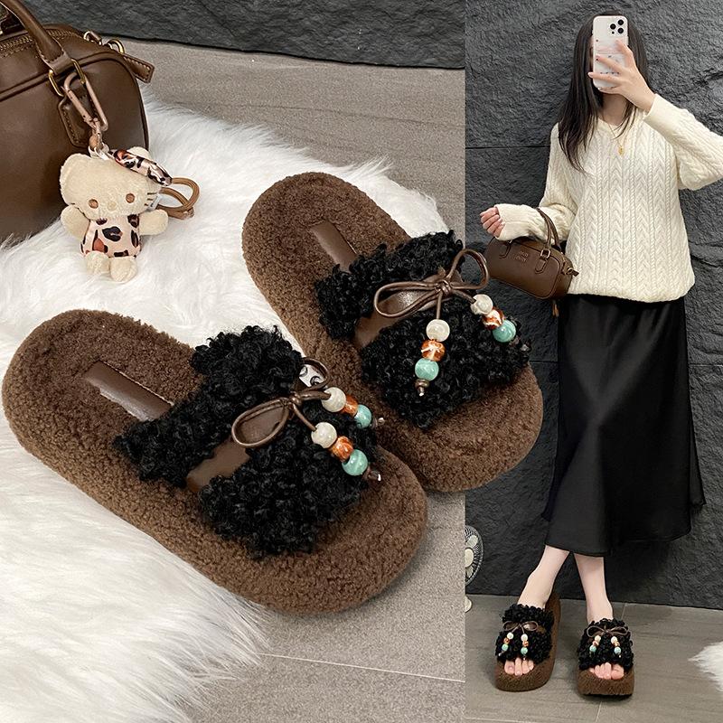 Bow thick-bottomed fluffy slippers for women's 2025 winter new outer wear one-word drag Internet celebrity plush cotton slippers atmosphere
