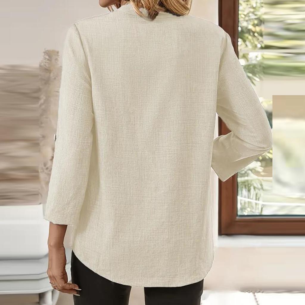 Women's Fashionable Casual Loose V-neck Solid Color Shirt