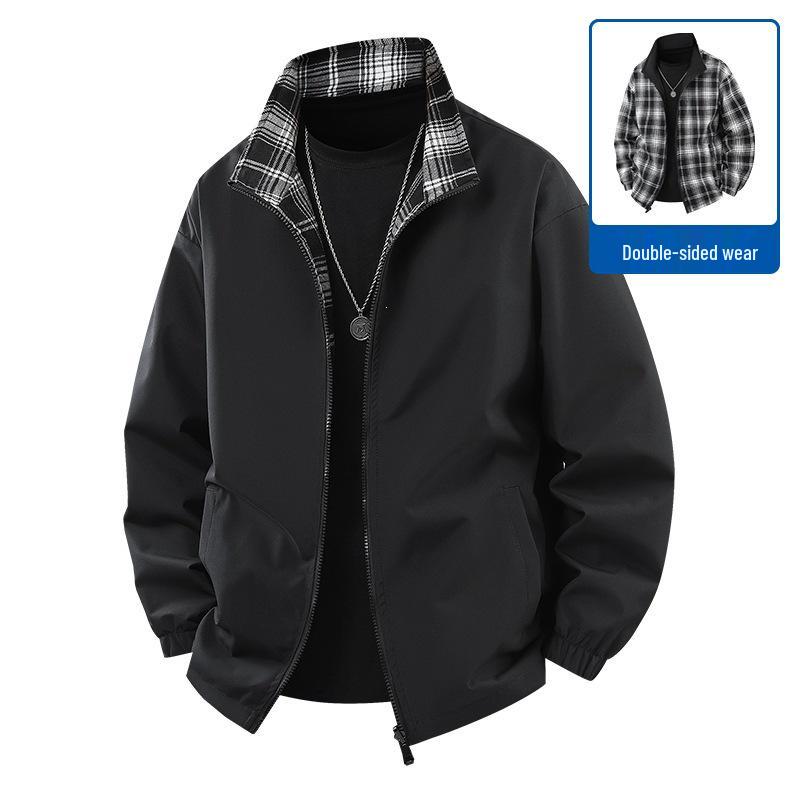 Unisex Plaid Stand Collar Jacket - Double-Sided Wear, Trendy, Casual, Versatile, High Quality for Spring & Autumn