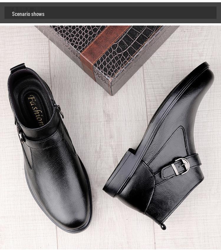 Men's High-Top Leather Slip-On Boots: Formal Casual Cowhide Shoes for Autumn/Winter with Warm Cotton, Large Sizes Available.