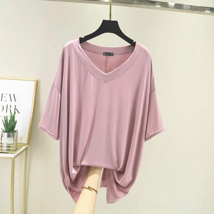 Koreanischer Stil Damen Übergröße V-Ausschnitt Sommer T-Shirt - Kurzarm, Schlankmachend, Vielseitiges Einfarbiges Modal-Top