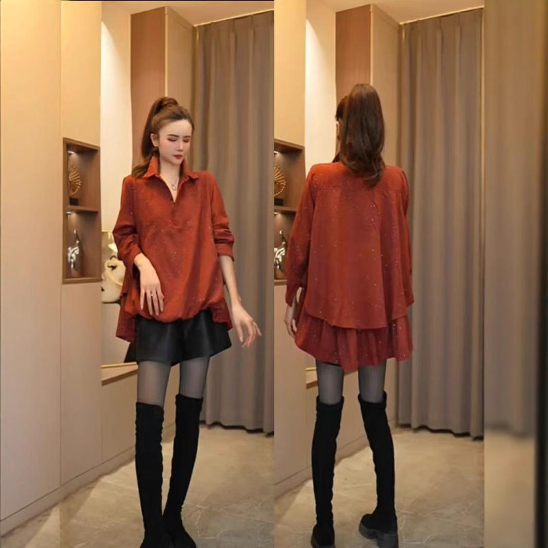 

2025 Spring & Fall Women s Versatile Sequin Shirt: Chic Design, Sparkling, Slim Fit XL кофейный