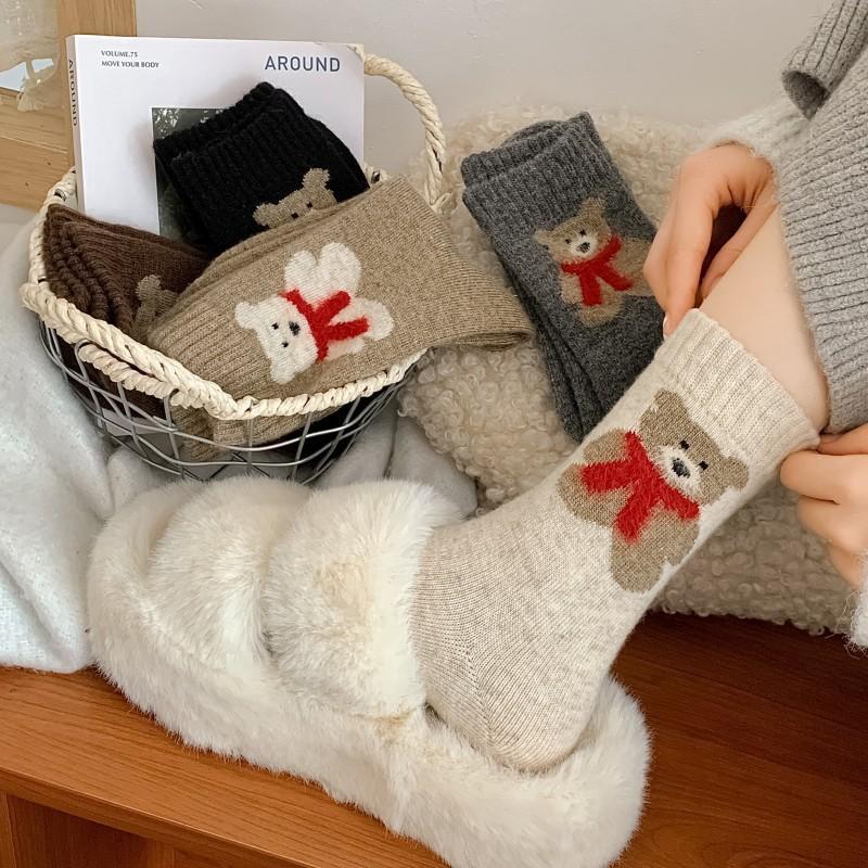 Wool Socks Women'S Thick Warm Winter Thick Socks Gray Mid-Leg Socks Vintage Scarf Bear Cute Women'S Socks