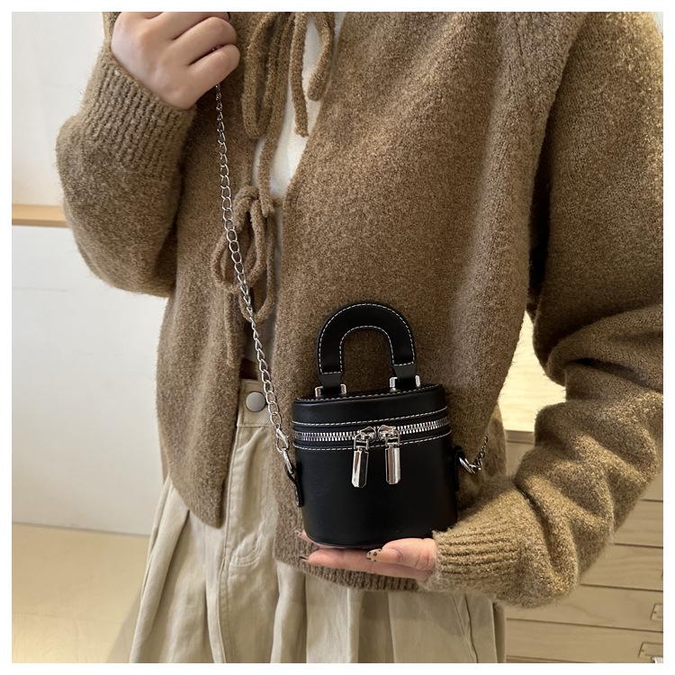 Faux Leather Bucket Bag for Women Trendy Chain Handle Crossbody Handbag