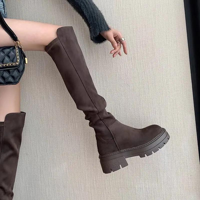 Platform Knee High Boots for Women Autumn Winter Slip On Leather Boots Woman Elastic Thick Soled Over Knee Botas