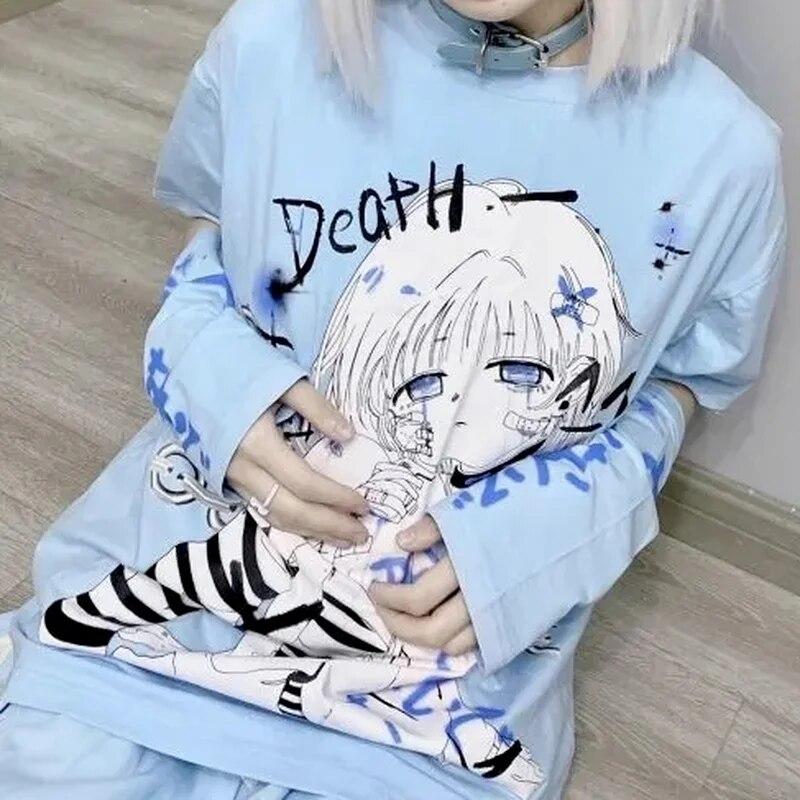 2KWEIRD Y2k Anime Grafisk T-skjorte Goth med Splitt Ermer Mote Kawaii Søt T-skjorte Dame Egirl Harajuku Topp Femme Sommer