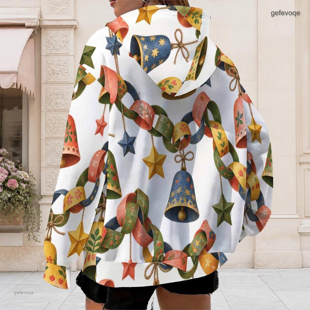Women Plus Size White Zip Up Long Sleeve Christmas Dachshund Printed Hoodie With Pockets