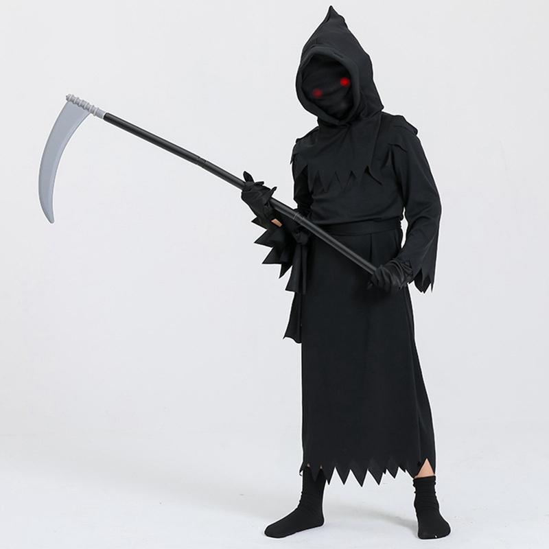 Children's Halloween Cosplay Costume Reaper Costume Set (Jumpsuit Hat Belt Scythe Gloves)