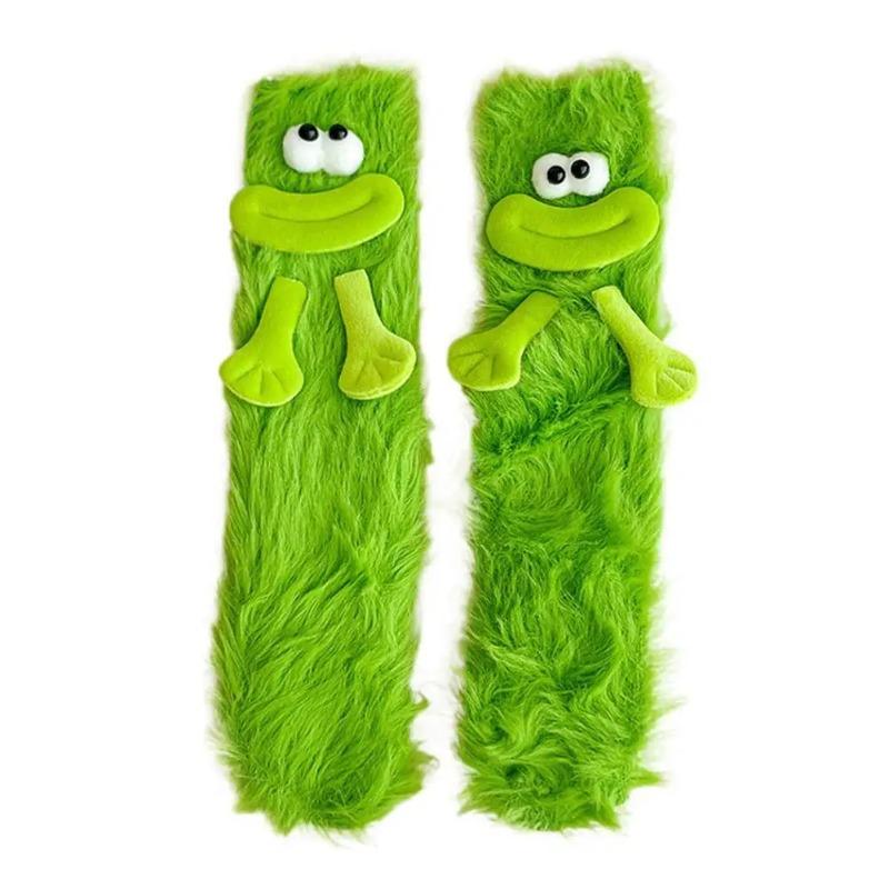 

3D Носки-мордочки, Зимние пушистые носки из кораллового флиса для дома, Носки для сна для пары, Рождественские чулки, Забавные носки с мультяшными монстрами A зелёный