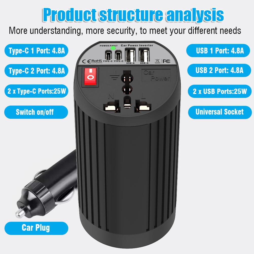 200W Car Inverter 12V DC To 110V/220V AC With USB Type-C Port Voltage Transformer Car Power Converter for Phone Laptop Tablet