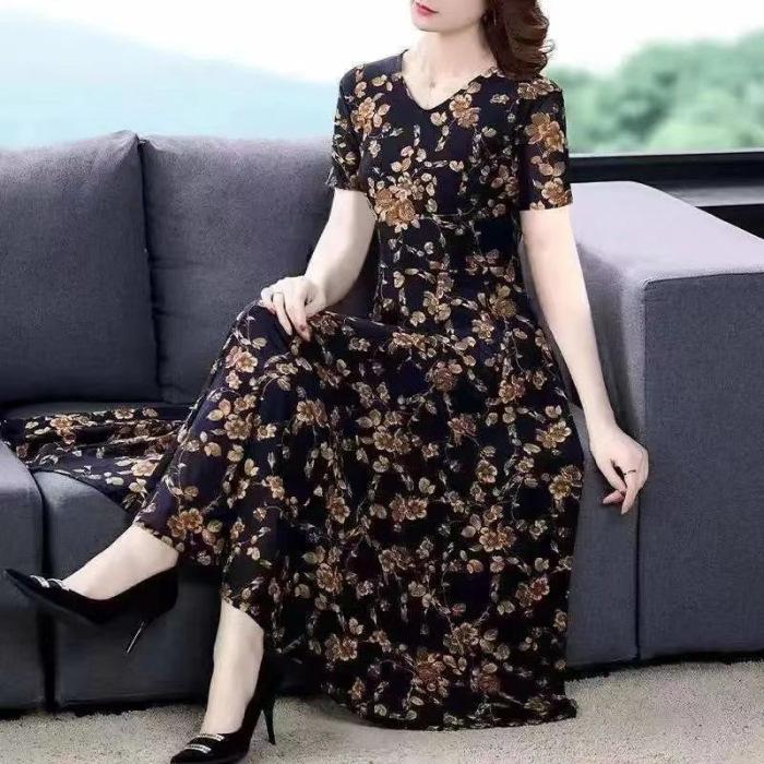 Stylish Plus Size Korean Floral Dress for Middle-Aged Women
