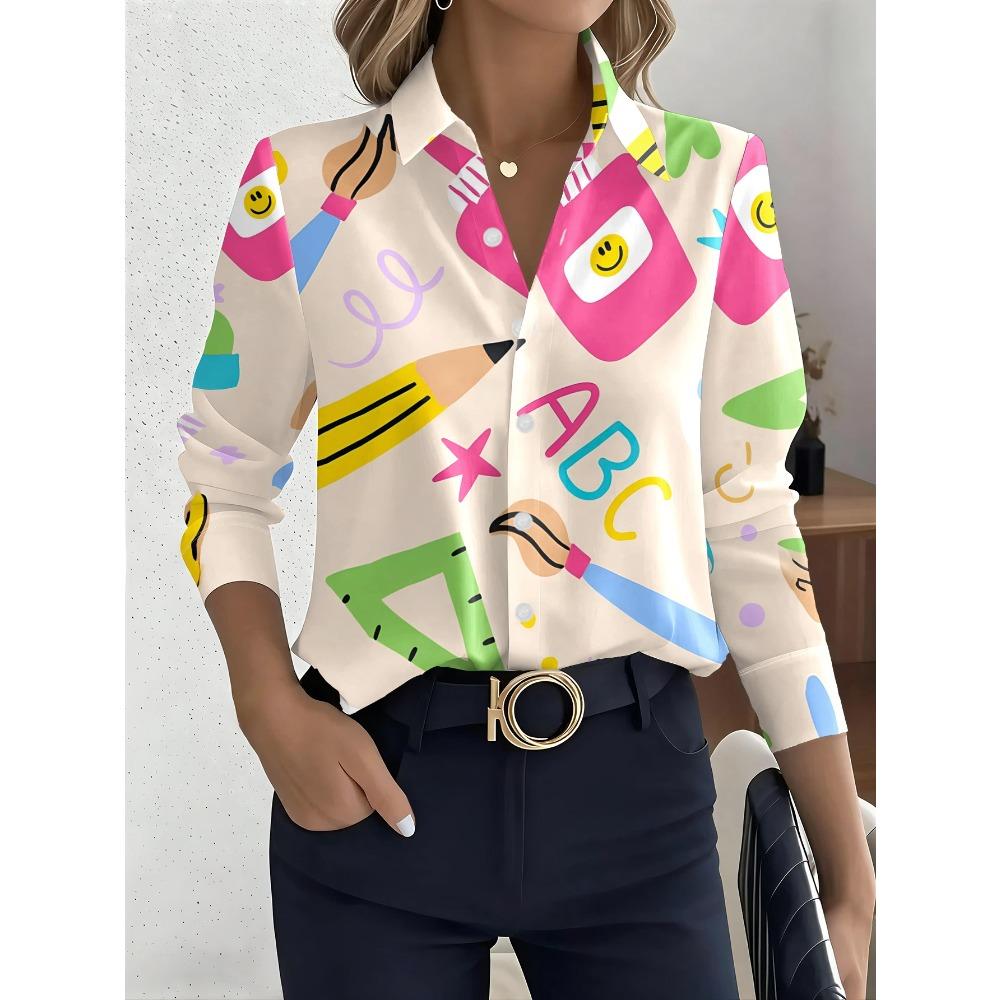 2026 Autumn New Women's Long-sleeved Shirt Fashion Cartoon Stationery Printing Loose and Thin Top