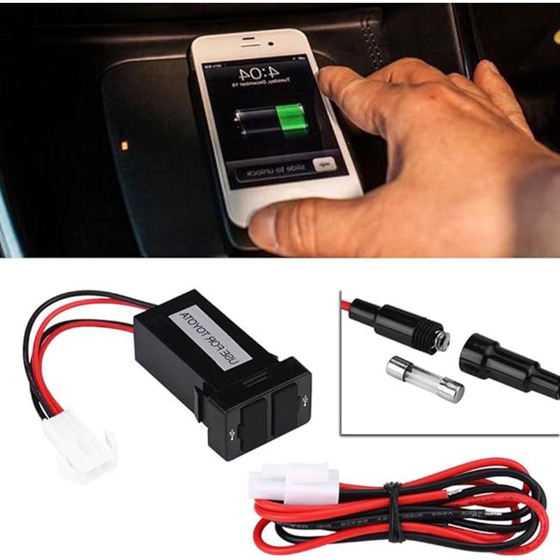Toyota Dual USB Car Charger with Wiring & Blue Light (3.1A, 32x20mm)
