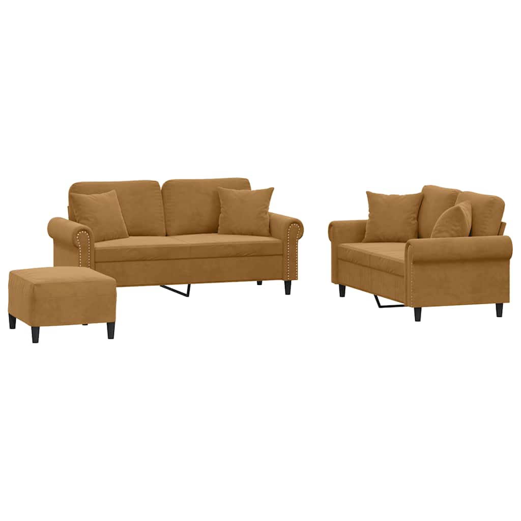 3 Piece Sofa Set with Cushions Brown Velvet