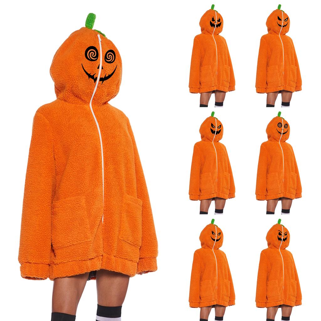 Giacca da Donna con Cappuccio e Zip, Stampa Zucca di Halloween, Flanella, Manica Lunga, Casual