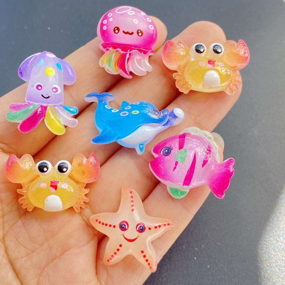 10pcs Cute Colored Crab, Starfish, Octopus, Series Resin Doll Crafts Flat Bottom Corner Jewelry Making Hair Accessories