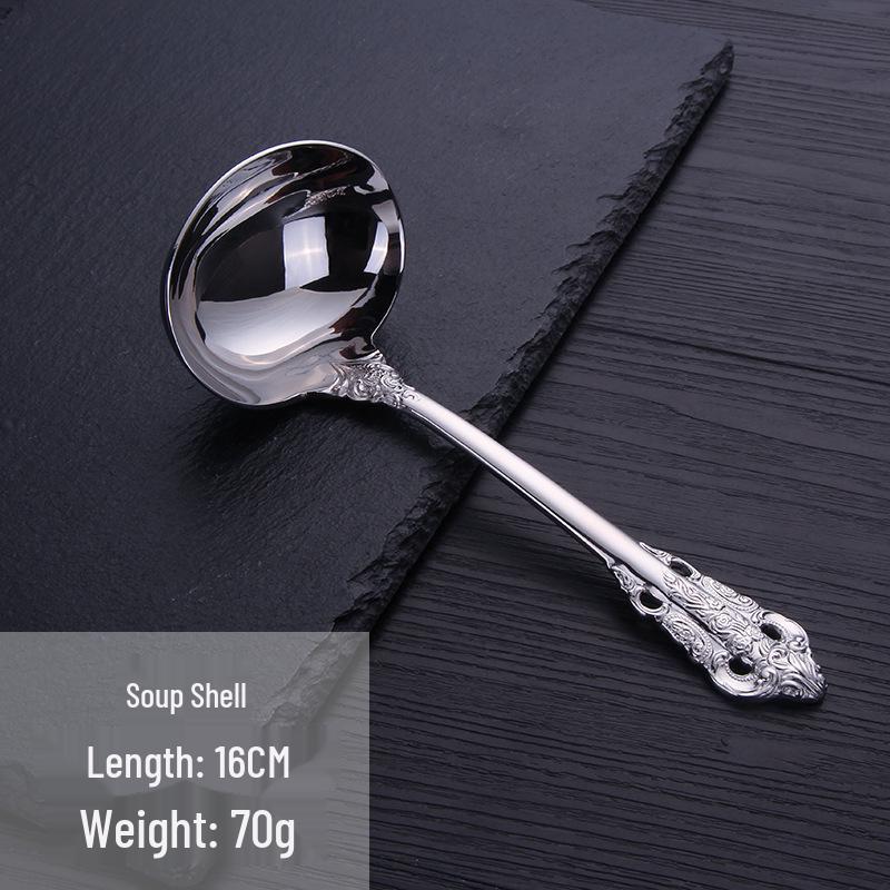 European Retro Stainless Steel Embossed Cutlery Set: Steak Knife, Fork, Spoon, Cake Fork, Dessert Fork, Soup Ladle