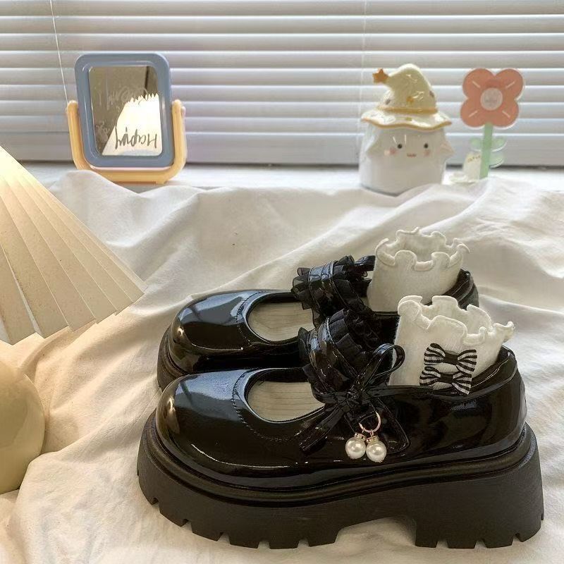 Sweet Sister Bow Shallow Mouth Pearl Mary Jane Shoes Spring and Summer New Thick Sole Heightening Japanese Small Leather Shoes Women