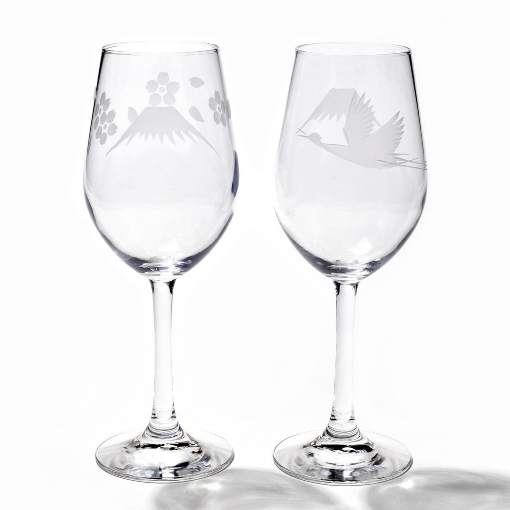 Taiburo Edo Kiriko Fuji with Cranes and Cherry Pair of Clear Wine Glasses Gift Made In Japan [Official Studio] Mt. Blossoms, (TB0080-32/0080-33),