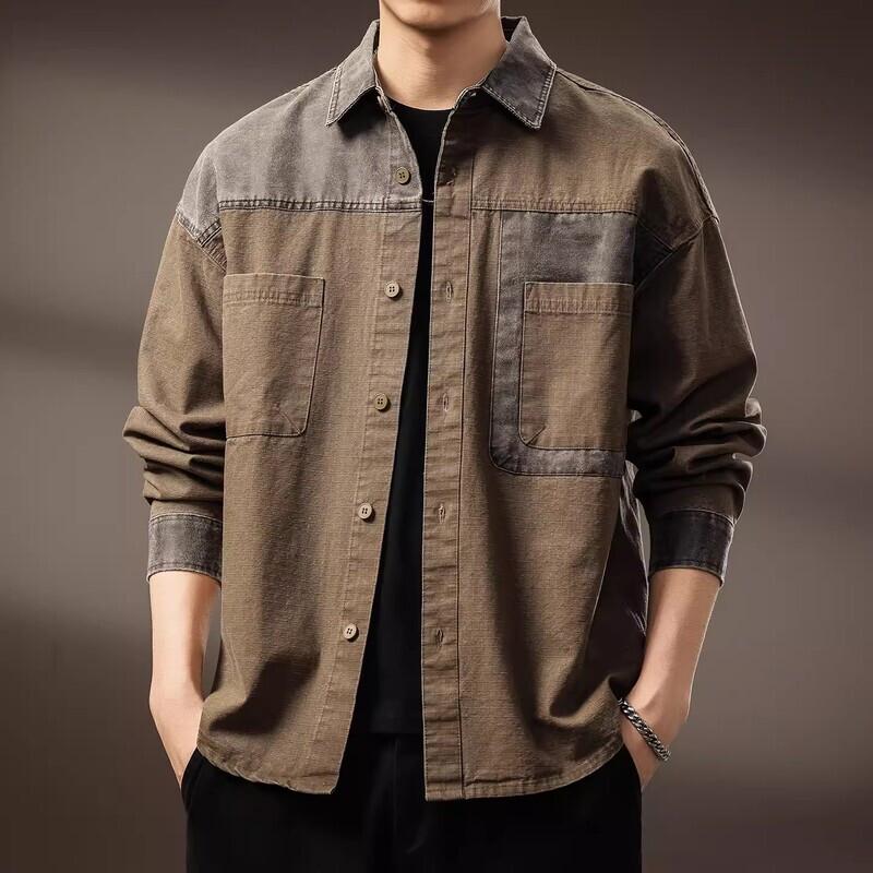 Men's American Retro Color Block Patchwork Loose Long Sleeve Shirt