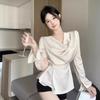 Silk Satin Temperament Long-sleeved Shirt for Women Spring Design Plunging Collar Lace-up Shirt Light and Sophisticated French Waist Top