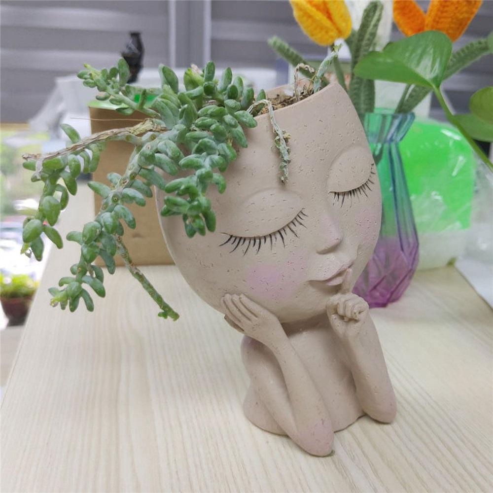 Gezicht Hoofd Planter Vetplant Bloempot Hars Container Met Afvoergaten Bloempot Figuur Tuindecoratie Tafelblad Ornament