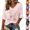 Women's V-Neck Three-Quarter Sleeve Halloween Print Blouse for Costume Party Seasonal Wear