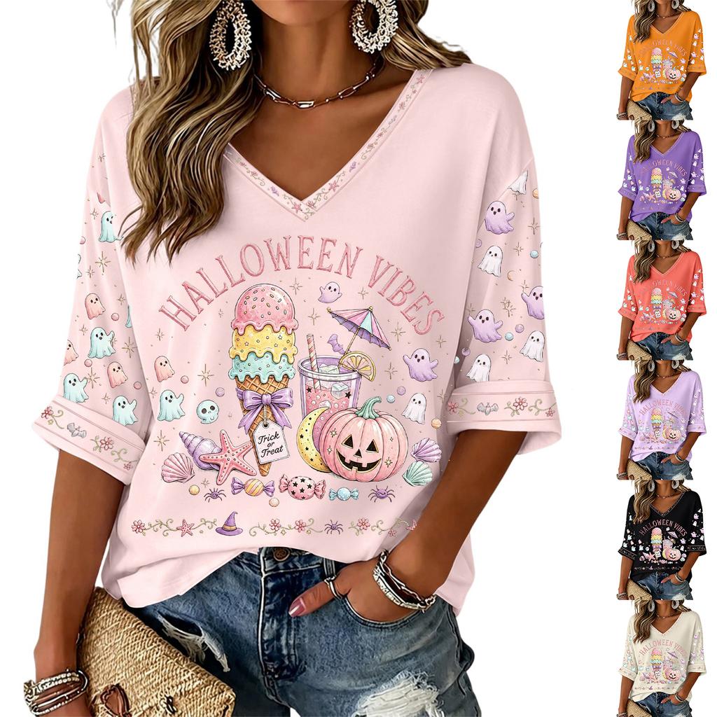 Women's V-Neck Three-Quarter Sleeve Halloween Print Blouse for Costume Party Seasonal Wear