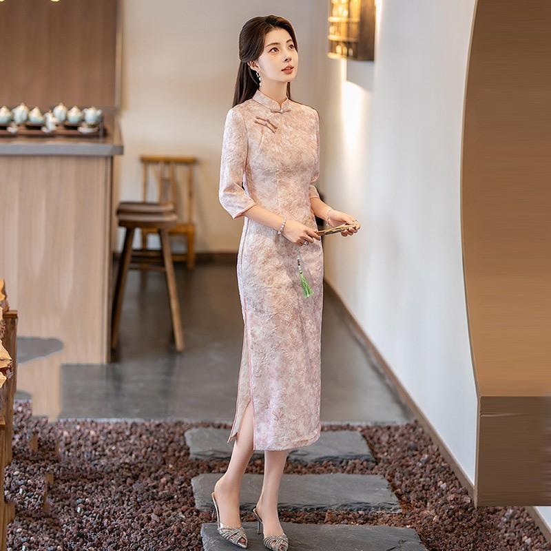 Womens Vintage-Inspired Long Sleeve Cheongsam Dress With Elastic Waist Fall Winter Plus Size Modest Fashion Small