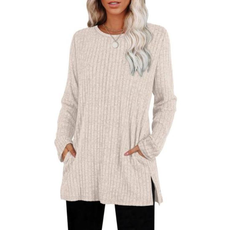 Women Long Sleeve Knit Tops Casual Solid Color Striped Blouse with Side Pocket
