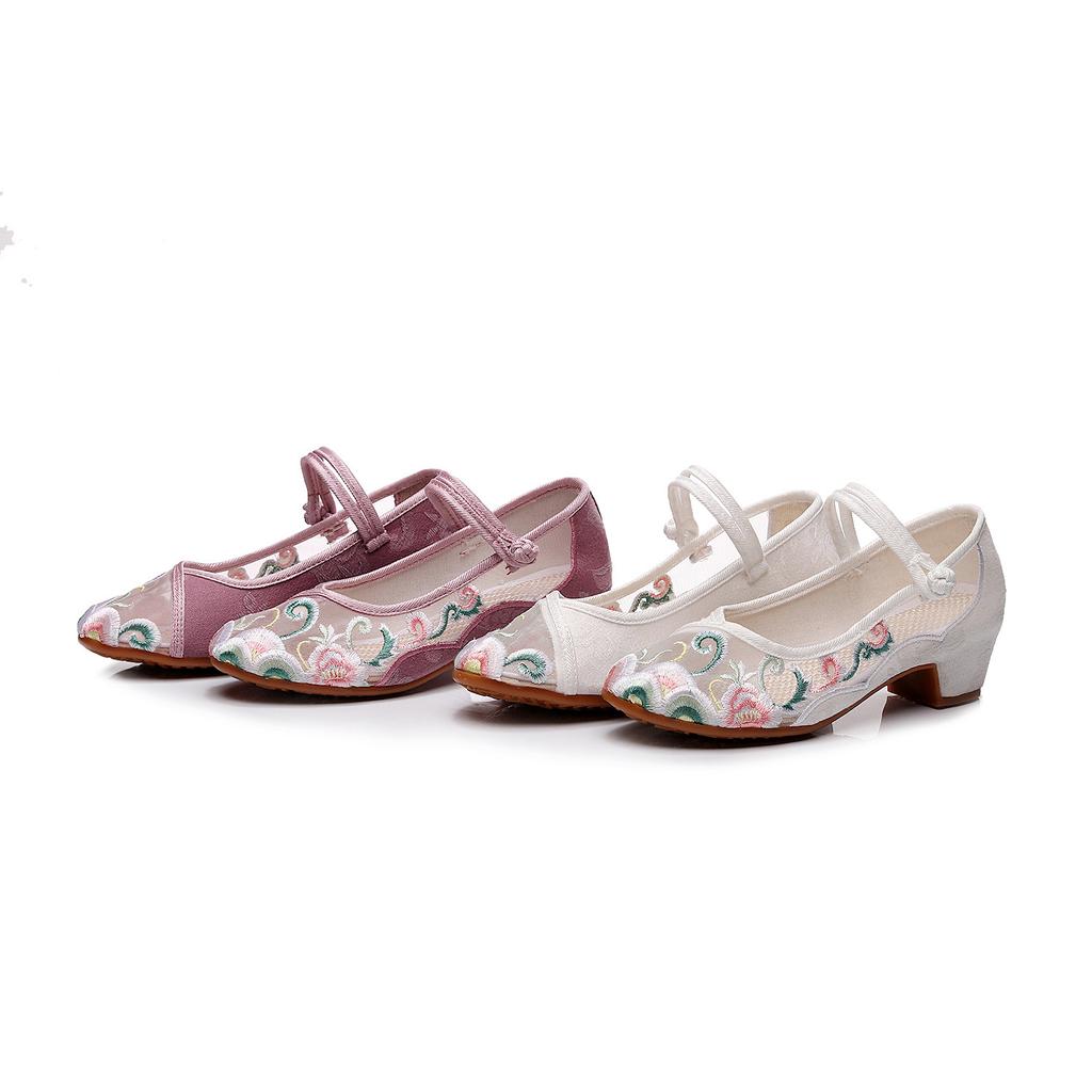 Mesh Fangdian, new square heel with cheongsam Hanfu shoes, ethnic style single shoes, embroidered shoes